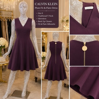 Calvin Klein Womens Purple V-Neck Sleeveless Fit Flare Midi Dress Size 8 |  eBay