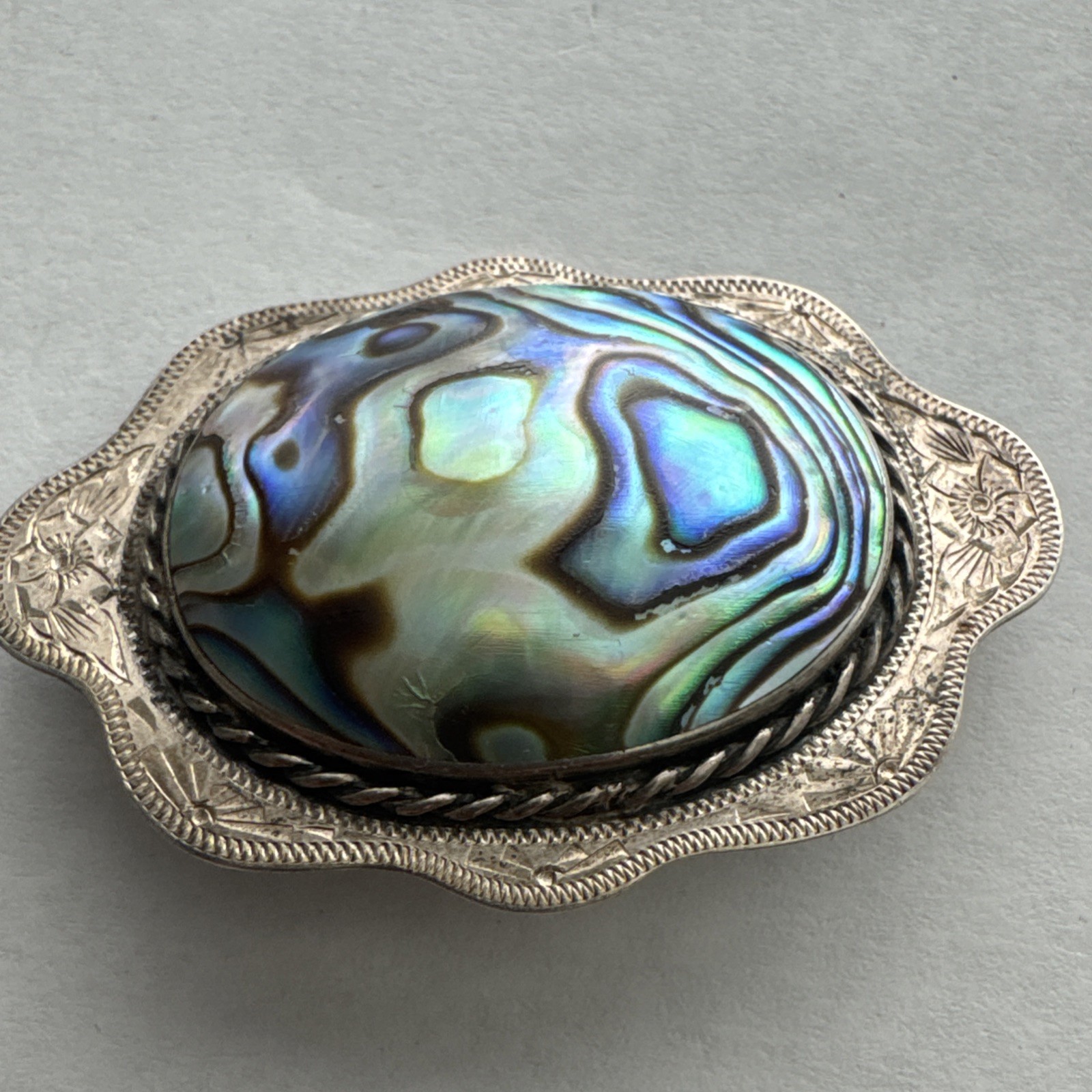SOLID STERLING SILVER Large Rare PAUA SHELL BROOCH - image 8