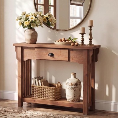 41.3'' Solid Wood Console Table with Drawer and Shelf, Narrow Entryway Sofa Table
