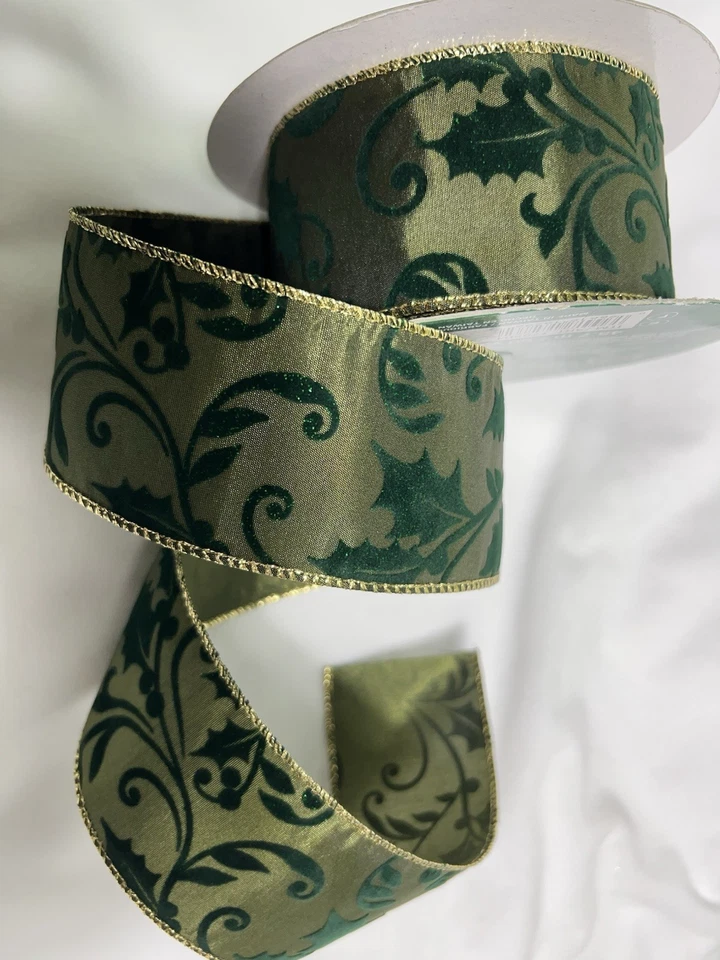 10 Yards 2.5 Inch Wired Ribbon Olive Dark Green Holly Flocked Winter Christmas - Image 2 of 2