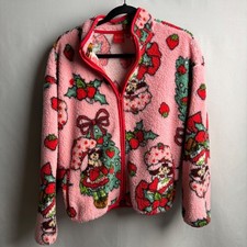 Strawberry Shortcake Pink Fuzzy Fleece Sherpa Zip Up Jacket Kid Core Cute Retro