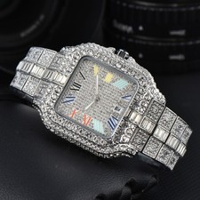 Mens Iced Out Diamond Watch Silver Square Rainbow Roman Numerals Quartz Bling