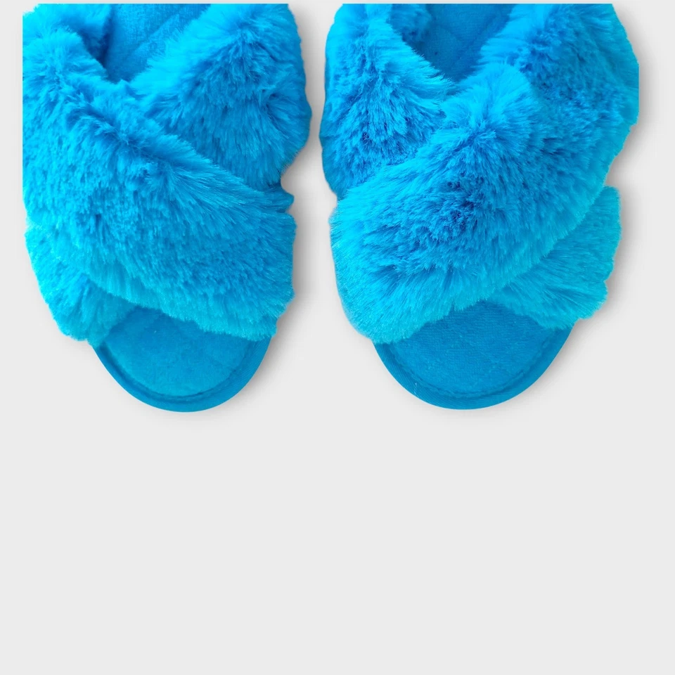 Женские тапочки Soma размер 6-7 бирюзовый синий искусственный мех крест слайд прошел - Изображение 4 из 4