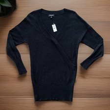 NWT ($60) EXPRESS XS Black V-Neck Ribbed Knit Faux Surplice Sweater Mini Dress