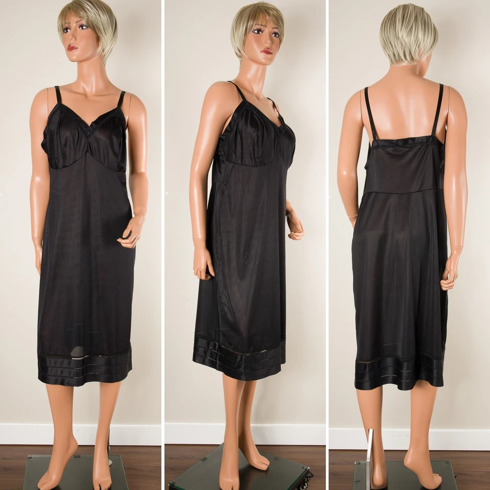 💖 Women's Full Slip Dress Black Silky Nylon Adjustable Strap Lace Trim 44-40-48 - Image 2 of 4