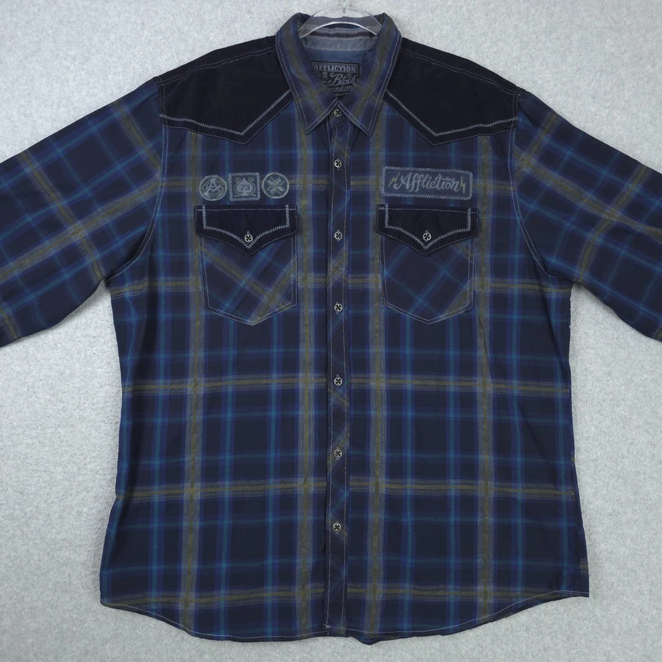 Camisa Affliction Para Hombres 2XL XXL Azul Western Cuadros Bordada Calavera Calce Atlético Foto 3 de 4