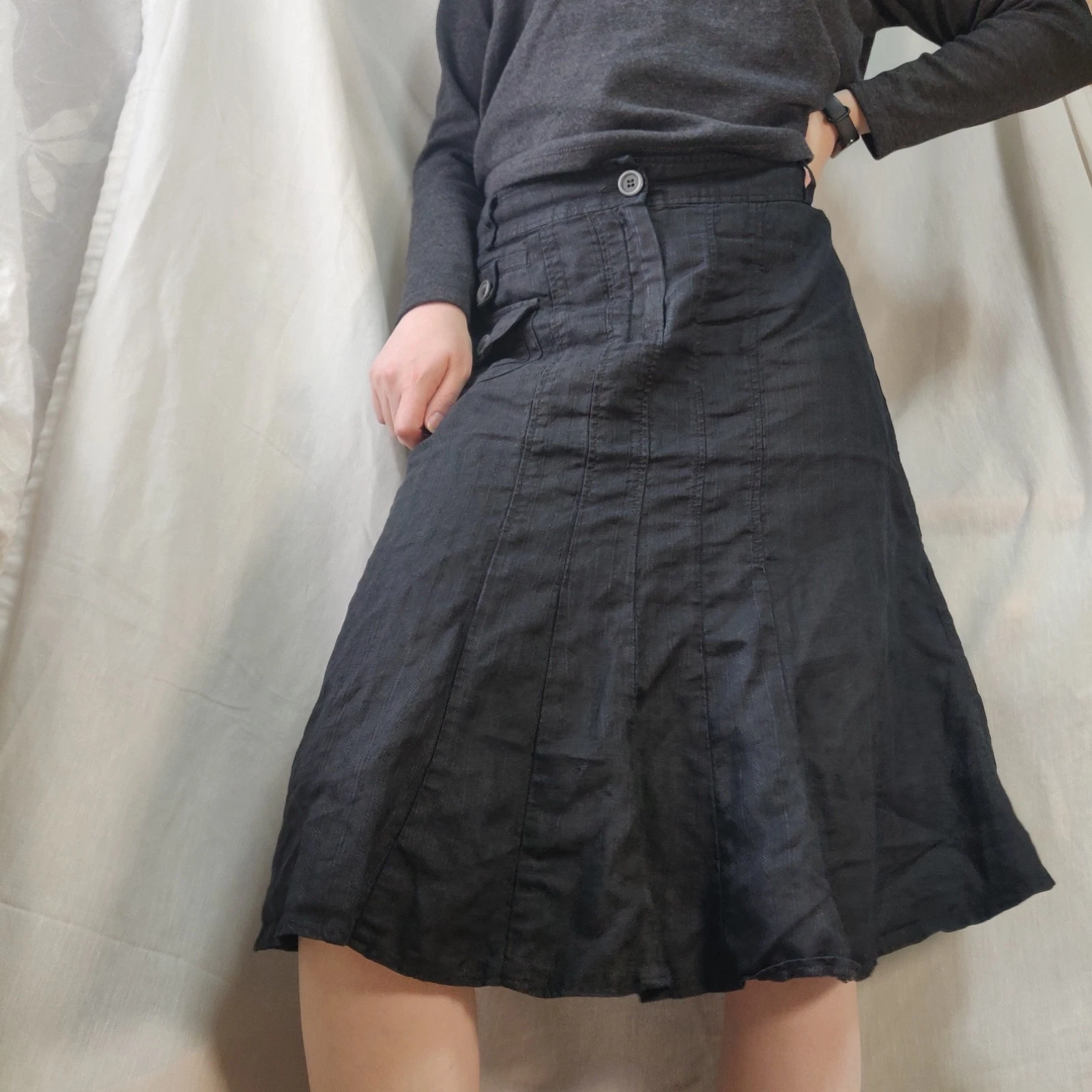 VTG Axiome Midi Skirt Women’s 36 Black 100% Linen Minimal Whimsygoth Boho Fairy