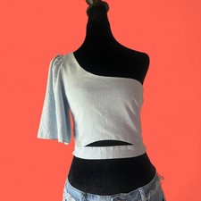 Zara Womens Blue One Shoulder Crop Top Ruffle...
