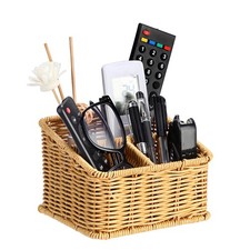 3 Slots Natural Woven Remote Control Holder for Desk Rattan Media TV Caddy St...