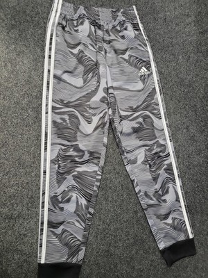 Adidas Pants Youth Medium Gray Black Abstract Print Track Joggers 3 Stripe
