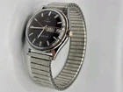 Vtg Timex Q Mens Day Date Silver Tone Navy Blue Dial Quartz Watch 1970s Works