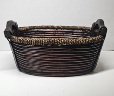 Oval Brown Rattan Bamboo Woven Basket Wood Handles Farmhouse Country Home Decor