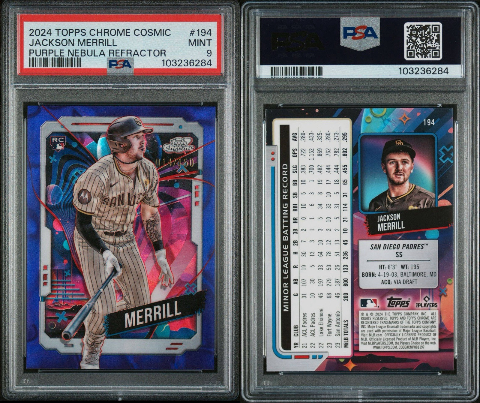 JACKSON MERRILL 2024 TOPPS COSMIC CHROME ROOKIE PURPLE NEBULA /150 PSA 9