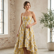 Dessy Collection Floral Jacquard Corset High Low Dress NWT Yellow Size 4 Formal
