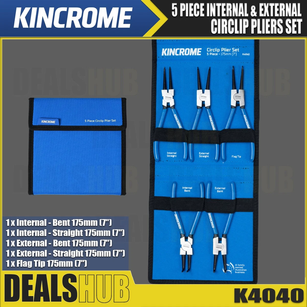 Kincrome 5 Piece Vinyl Coated Handle Circlip Pliers Set 175mm 7" INT/EXT K4040