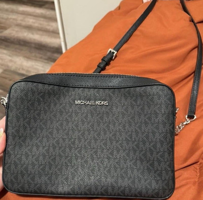 Michael Kors MK Logo Black Zip Crossbody Bag, Silver Hardware, Detach Strap