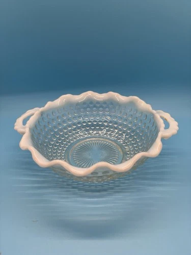 Fenton Moonstone Bowl Hobnail Vintage 1940's White Milk Glass Handles Opal