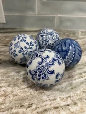 Decorative Balls Set Of 4 Navy Blue And White Carpet Balls Ceramic