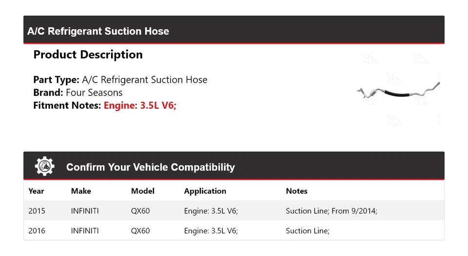 Manguera de succión de refrigerante aire acondicionado V6 3,5 L Infiniti QX60 2015-2016 4 estaciones Foto 2 de 4
