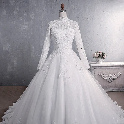 Bride Lace Wedding Dress Standing Collar Long Sleeve Trailing Bridal Frock Gown - Picture 6 of 9