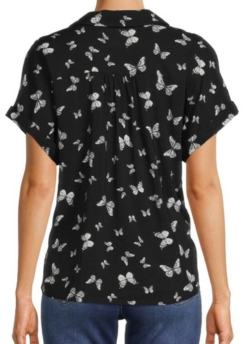 Ladies XS (1) Blouse Short Sleeve Collar Black Butterflies Button Up Tie Waist - Picture 5 of 5