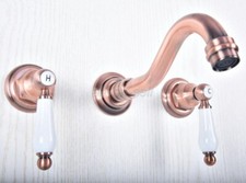 Red Copper Wall-mounted Bathroom Basin Faucet Dual Ceramic Handles Mixer Tap