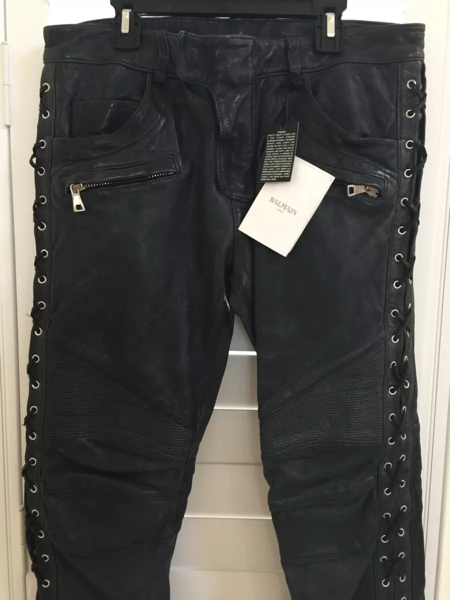 BALMAIN PARIS Mens Marine Navy Rock N Roll Leather Pants 100%LAMB