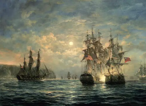 Kunst Ölgemälde Meereslandschaft Kriegsschiff Die Vereinigten britischen und amerikanischen Flotte - Bild 1 von 2