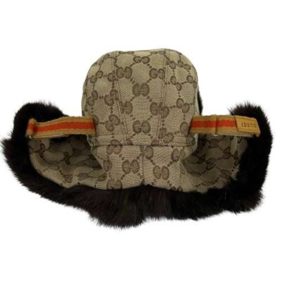 Gucci Pilot Flight Cap GG Monogram Canvas Size M Beige Brown Fur