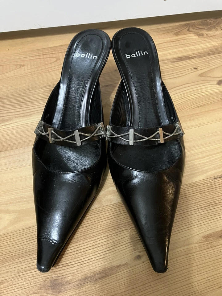 Ballin Negro Punta Tacón Cuero Italia Talla 37 1/2 Puntera Cerrada Diseñador Slipon Foto 2 de 4