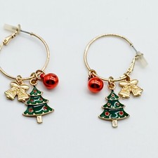 Goldtone Hoop Pierced Dangle Christmas Earrings-Tree-Bells