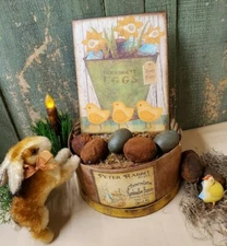 OLD PRIMITIVE ANTIQUE VINTAGE FOLK ART STYLE EASTER FARMHOUSE EGGS SPRING SIGN