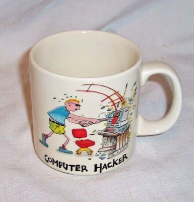 VINTAGE JOHN LAMB COMPUTER HACKER COFFEE CUP MUG GREAT GRAPHICS 3 7/16'' TALL 