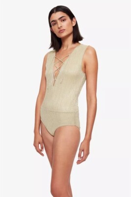 Anine Bing Body Body Oberteil Gold Metallic Schnürung Schimmer Glitzer Stretc...