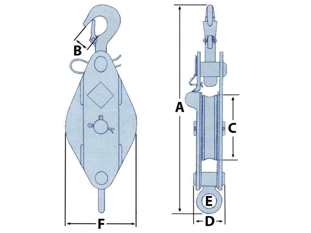 0.25 Ton 63MM London Pattern Snatch Block With Safety Hook & Nylon Sheave - 10MM