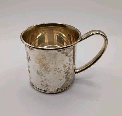 Sterling Silver Baby Cup Mug LUNT  Embossed 65 Grams 925 W/Mono