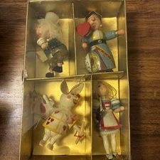 Set Of 4 Vintage 1984 KURT S. ADLER Alice In Wonderland Wooden Toy Ornaments Box