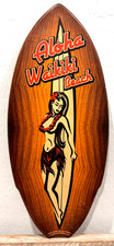 Aloha Waikiki Beach Double Sided Wood Surfboard Sign Hawaiian Surfer Girl 20"