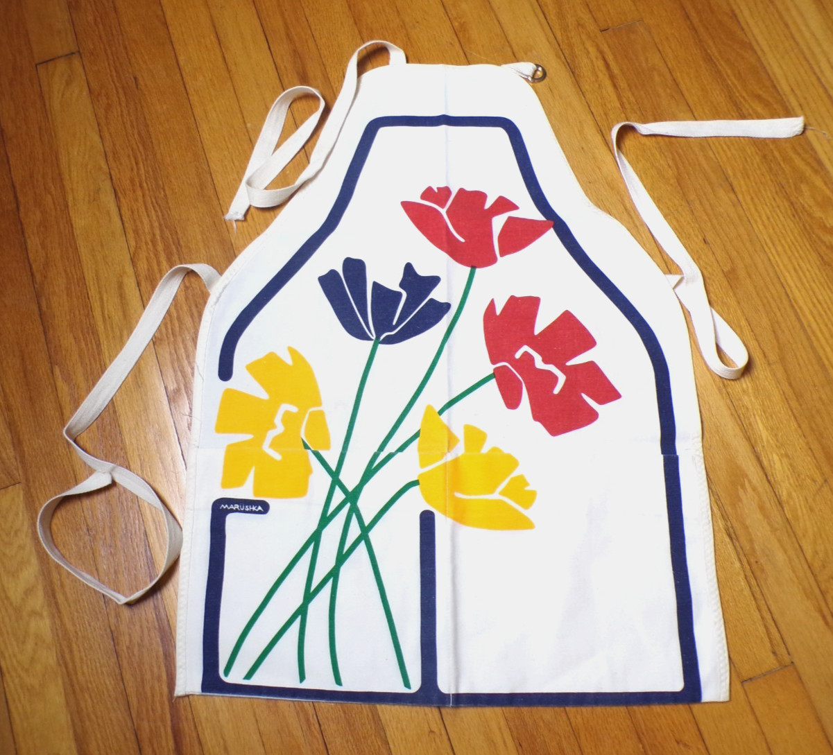Vintage Marushka Screen Print BIB APRON w/ TULIPS  Textile Art 1982