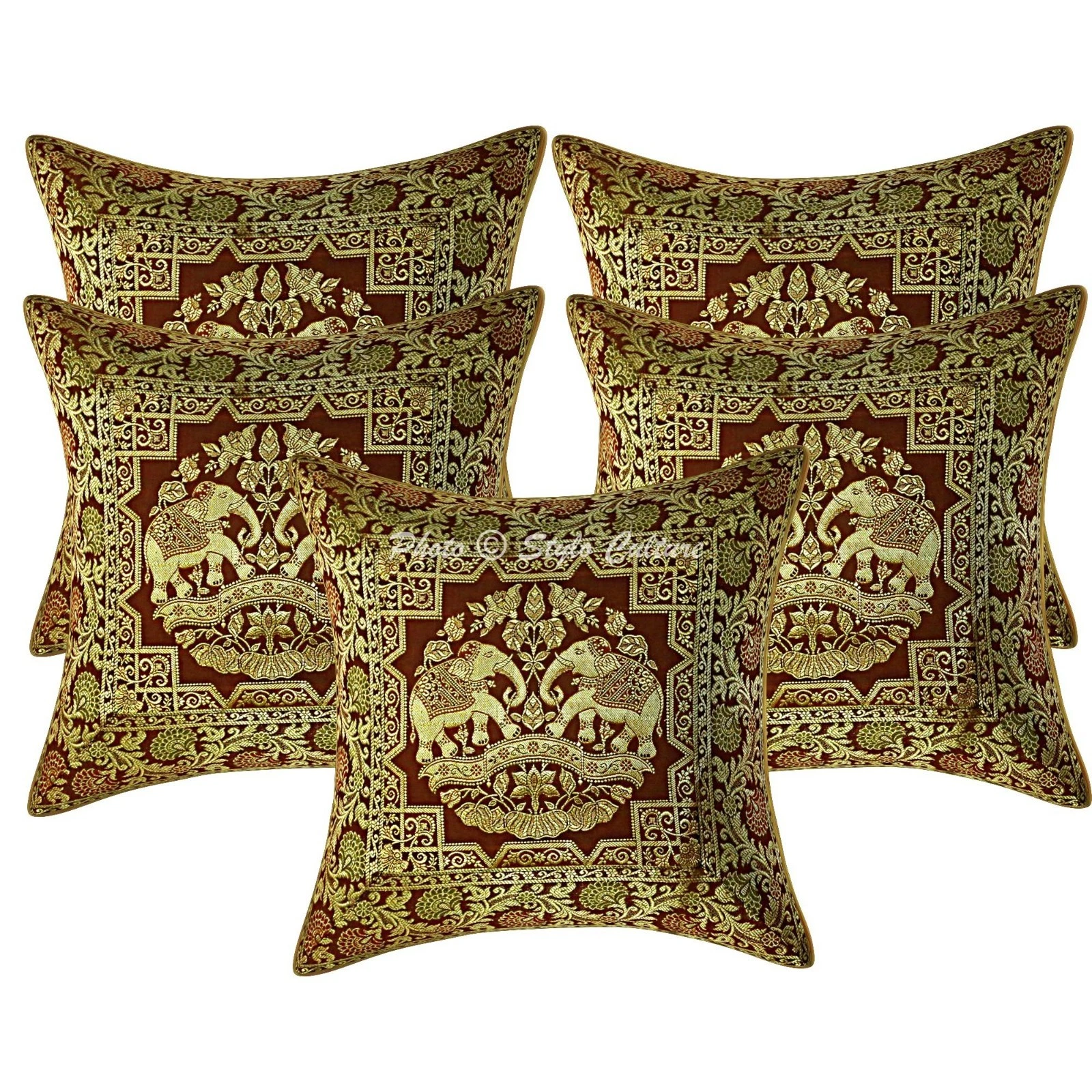 Indian Throw Pillow Covers 16x16 Brocade Brown Elephant Home Decor Cushion Cover
