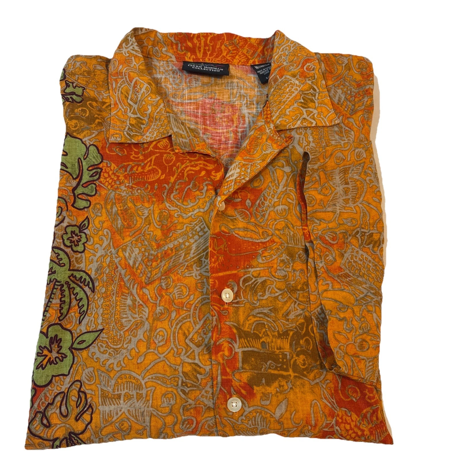 Greg Norman Linen Blend Orange Tropical Hawaiian Style Shirt Light Beach Cruise