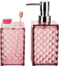 Pink Bathroom Accessories Set, Soap Dispenser and Toothbrush Holder