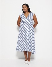 Commonry Zola Dress Size 18 Blue Stripe Cotton Wrap Midi Plus Size