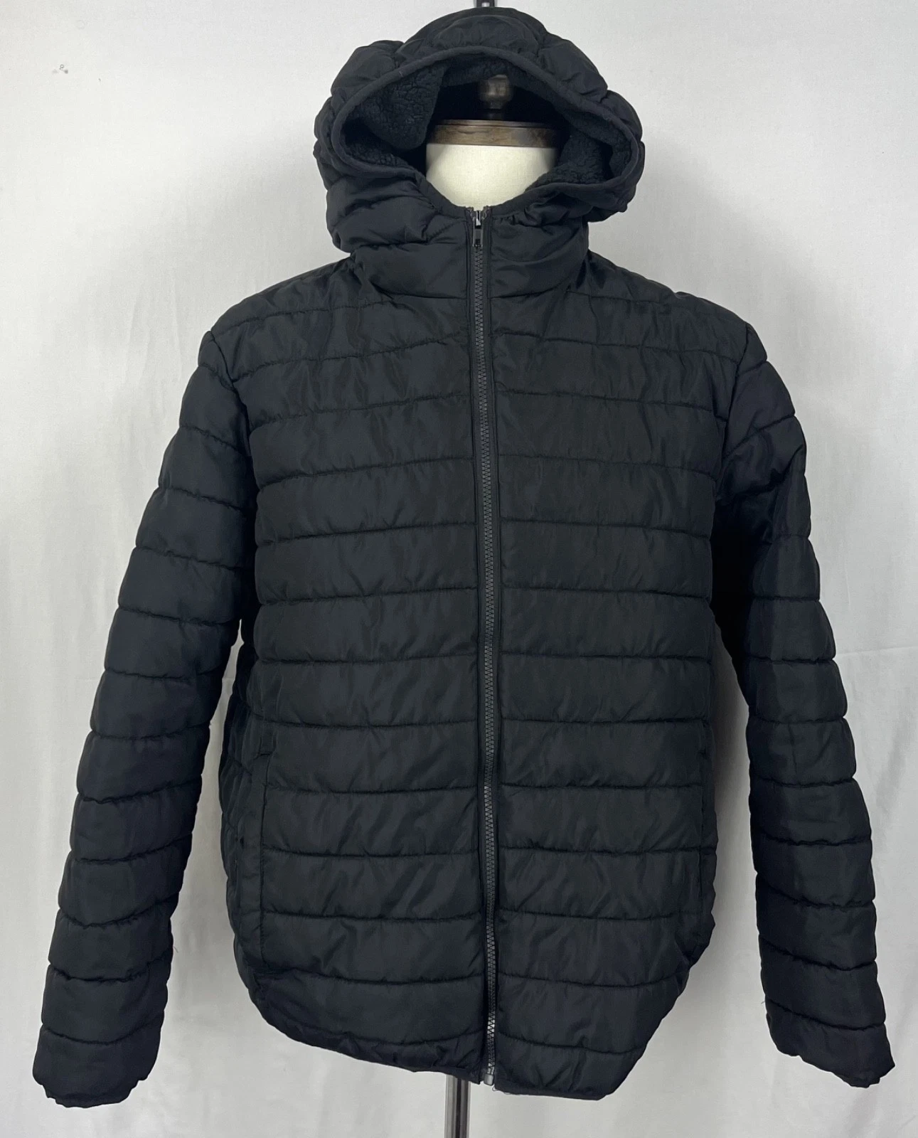 EUC Hawke & Co Men Black Puffer Jacket Hooded Sherpa Lined Water Resistant Sz L