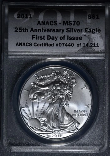 2011 $1 AMERICAN SILVER EAGLE UNC 25th Anniv FDOIy 1 oz .999 ANACS MS 70 A6585