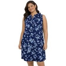 EMILY DANIELS Size Large Blue Pebble Crepe Floral Sleeveless Shift Dress Pockets