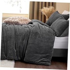 Fluffy Comforter King Set - Furry Leaves Pattern Faux Fur King 102"x90" Grey