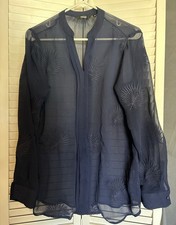 Vera Wang Navy Blue Sheer Embroidered Floral V-Neck Tunic Blouse M