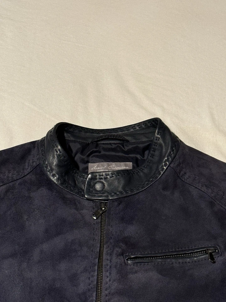 Chaqueta de motocicleta Daniel Cremieux Signature de cuero azul marino premium para hombre talla M. Foto 2 de 4