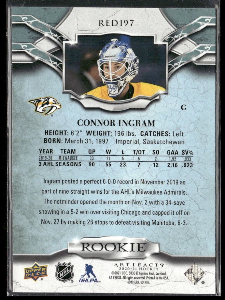 2020-21 Upper Deck Artifacts Connor Ingram RC /999 #RED197 Nashville Predators - Image 2 of 2